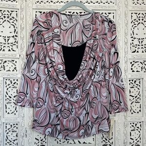 Y2K Style Creative Design‎ Works Pink & Black Swirly Drape Neck Blouse Sz Large